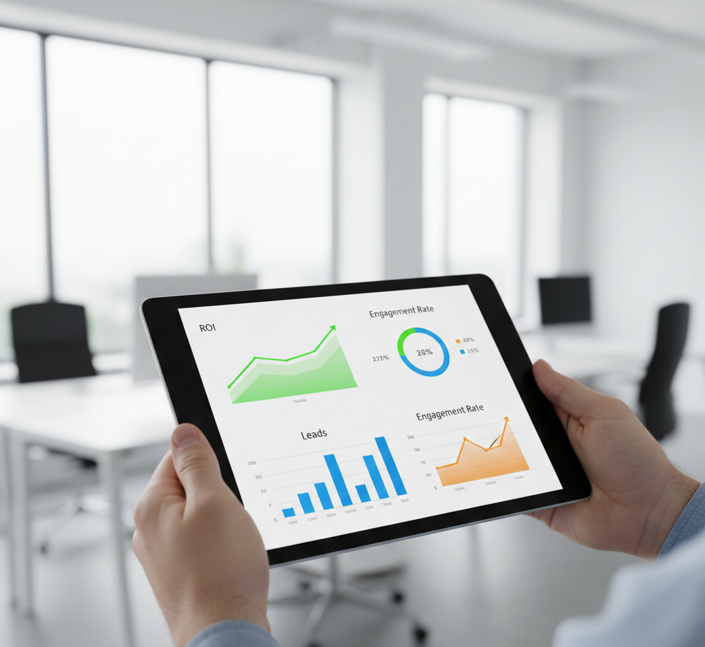 A digital dashboard showing key performance indicators (KPIs) and ROI metrics for measuring B2B Social Media Marketing success.