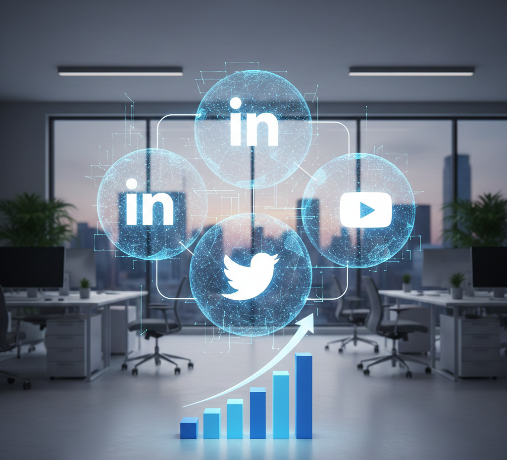 A professional 3D digital concept of B2B Social Media Marketing showing interconnected icons of LinkedIn and other business platforms.